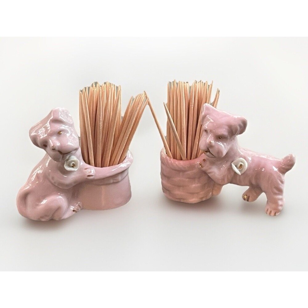 Pair Vintage Ceramic Dog Toothpick Holders Bulldog & Terrier Japan VTG